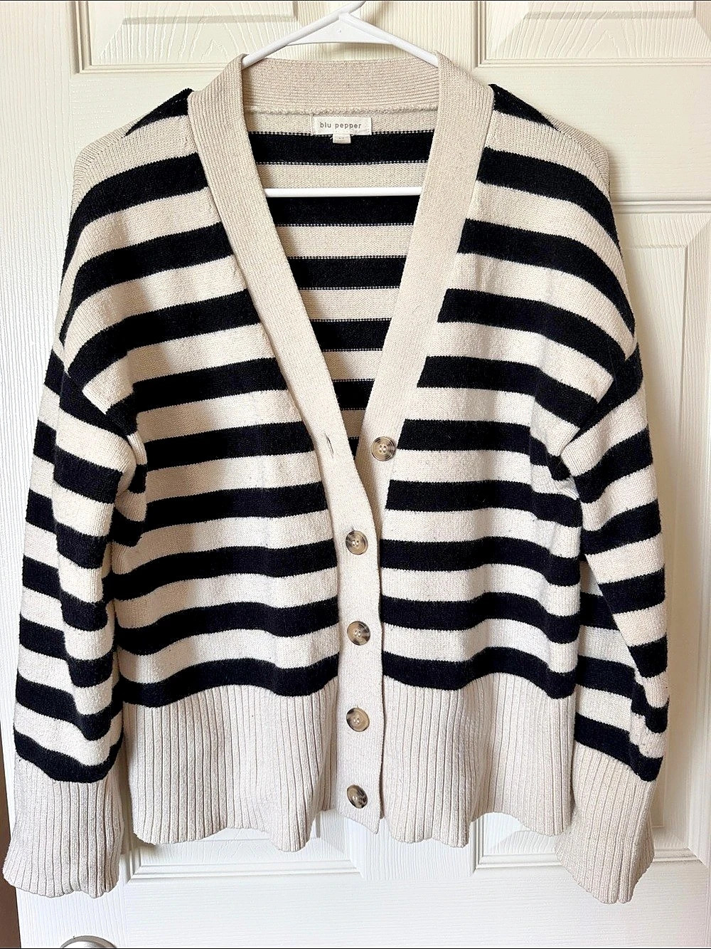blu pepper Striped Cardigan in Black & Cream